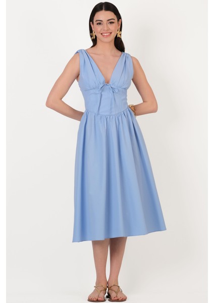 Rosselin Ön Arka V Yaka Korsajlı Elbise Mavi fiyatları