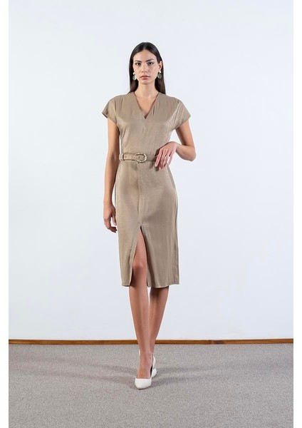 Ferguson V Yaka Yırtmaçlı Kemerli Elbise Çağla fiyatları