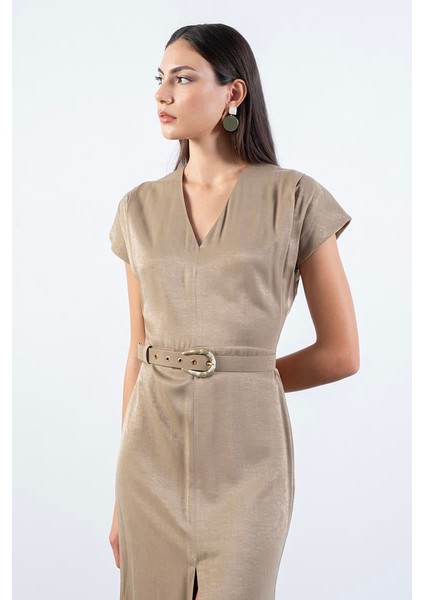 Ferguson V Yaka Yırtmaçlı Kemerli Elbise Çağla modelleri