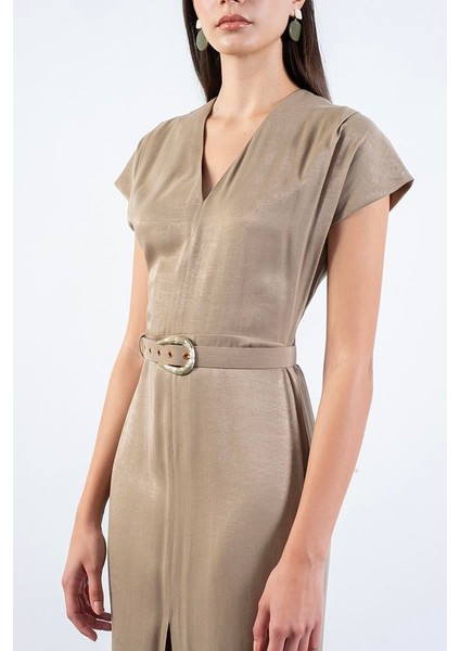 Ferguson V Yaka Yırtmaçlı Kemerli Elbise Çağla fırsatları