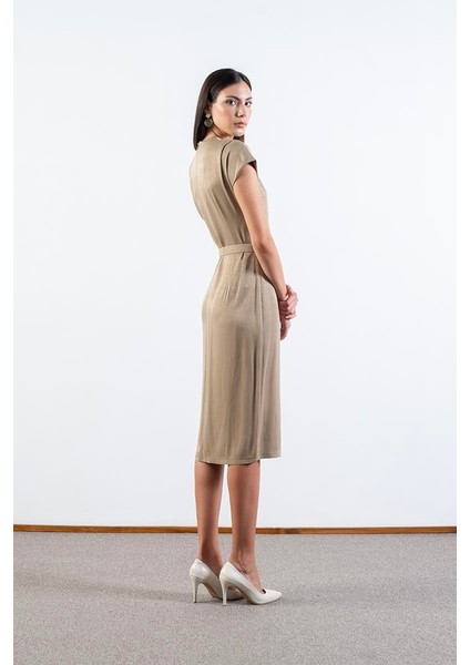 Ferguson V Yaka Yırtmaçlı Kemerli Elbise Çağla indirimleri