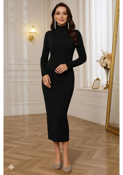 Kadın Uzun Kollu Boğazlı Midi Boy Triko Elbise (Kemersiz) modelleri