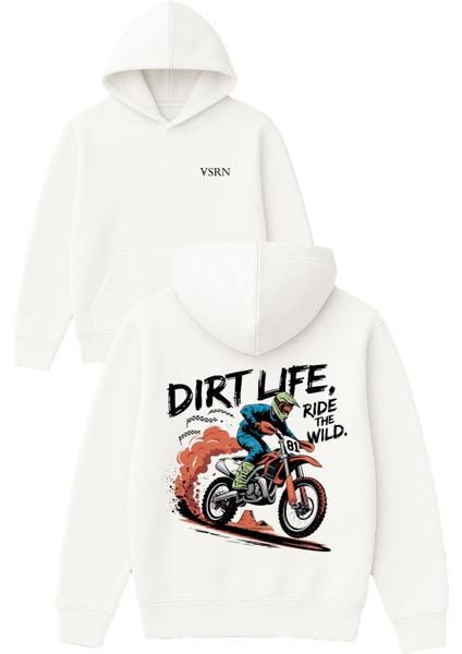 Dırt Life Tasarım Baskılı Oversize Beyaz Kapüşonlu Sweatshirt