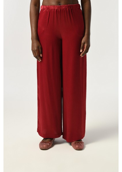Kadın Beli Lastikli Bol Paça Düz Renk Viskon Kumaş Pantolon