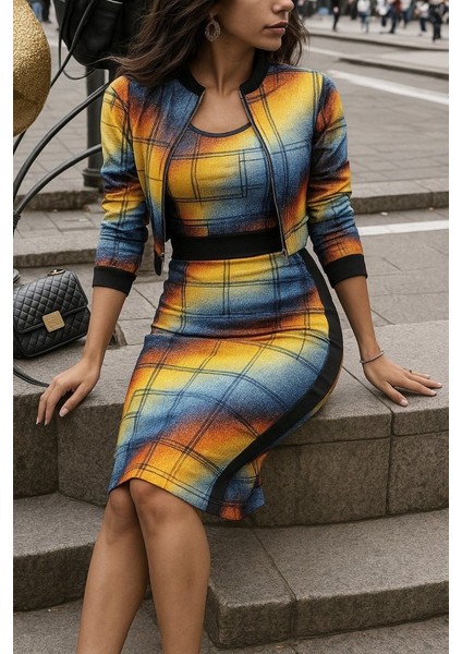 Miracotton Kadın Uzun Kollu Askılı Yuvarlak Yaka Desenli Dalgıç Bluz Ceket ve Etek Üçlü Takım