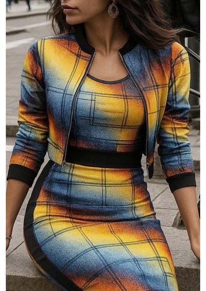 Miracotton Kadın Uzun Kollu Askılı Yuvarlak Yaka Desenli Dalgıç Bluz Ceket ve Etek Üçlü Takım fiyatları