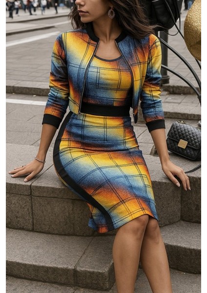 Miracotton Kadın Uzun Kollu Askılı Yuvarlak Yaka Desenli Dalgıç Bluz Ceket ve Etek Üçlü Takım modelleri