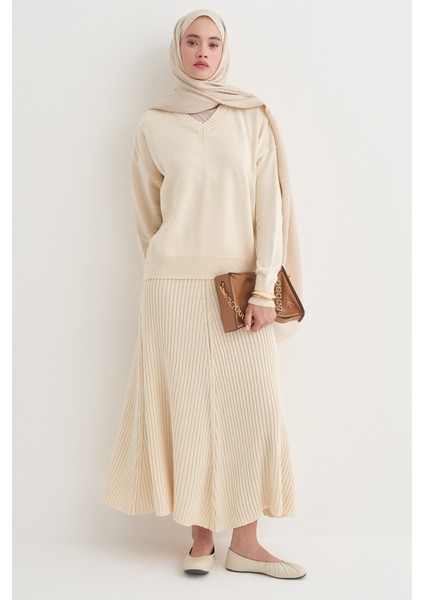 Fitilli Triko Etekli Takım Krem