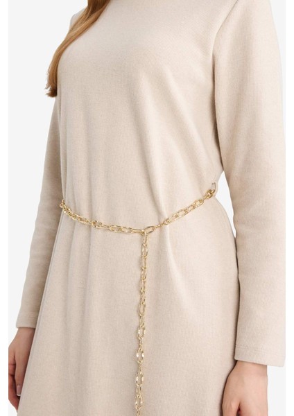 Regular Fit Bisiklet Yaka Uzun Kollu Kemerli Maxi Elbise G1885AX25WN fırsatları