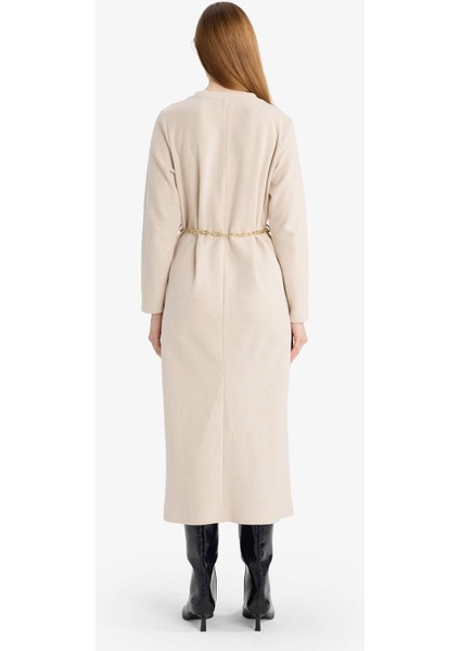 Regular Fit Bisiklet Yaka Uzun Kollu Kemerli Maxi Elbise G1885AX25WN indirimleri