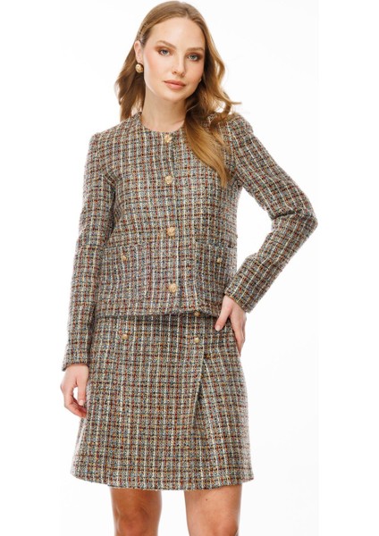 Kalın Pileli Düğme Detay Etek-Mavi