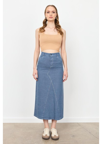 Yüksek Bel Uzun Kot Etek-Mavi