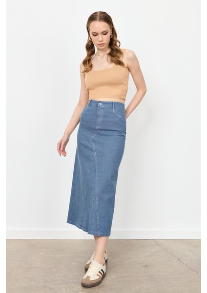 Yüksek Bel Uzun Kot Etek-Mavi fırsatları