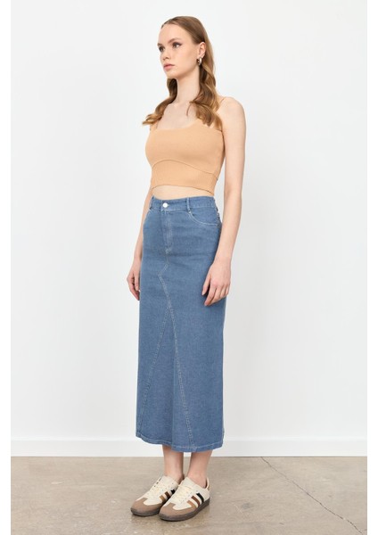 Yüksek Bel Uzun Kot Etek-Mavi indirimleri