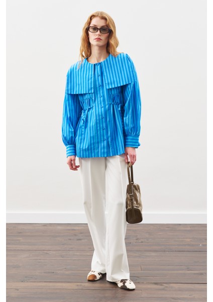 Geniş Yakalı Kuşaklı Gömlek Mavi Çizgili
