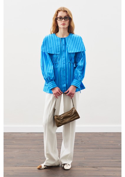 Geniş Yakalı Kuşaklı Gömlek Mavi Çizgili fiyatları