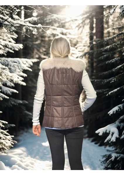 Kadın Kolsuz Fermuarlı Yelek - Kahve fiyatları