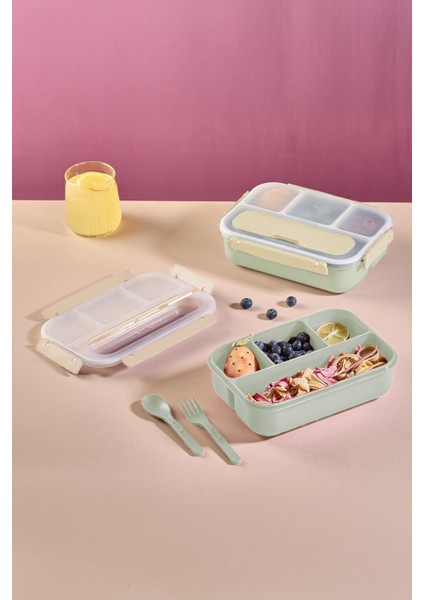 Kaşık Çatallı Lunch Box Sızdırmaz Contalı Kapaklı 4 Bölmeli Beslenme Kabı - Yeşil