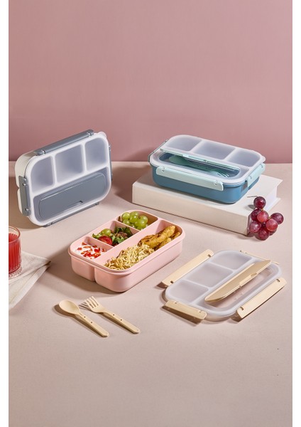 Kaşık Çatallı Lunch Box Sızdırmaz Contalı Kapaklı 4 Bölmeli Beslenme Kabı - Yeşil fiyatları
