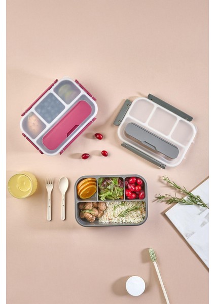 Kaşık Çatallı Lunch Box Sızdırmaz Contalı Kapaklı 4 Bölmeli Beslenme Kabı - Yeşil modelleri