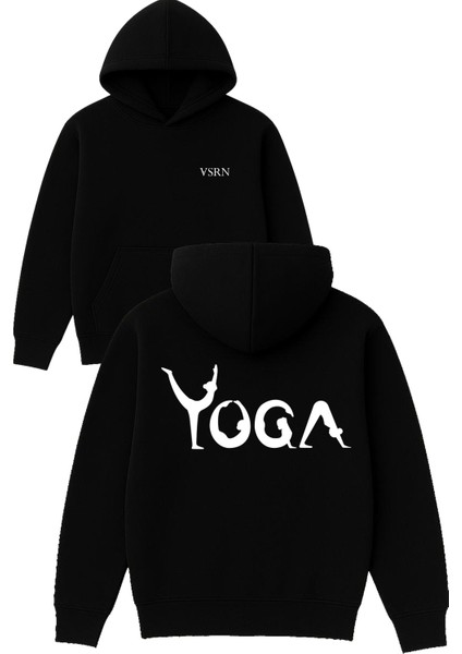 Yoga 1 Tasarım Baskılı Oversize Siyah Kapüşonlu Sweatshirt