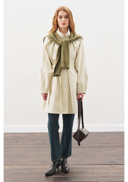 Oversıze Bağlamalı Midi Trençkot Taş