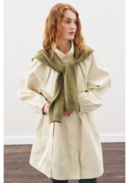 Oversıze Bağlamalı Midi Trençkot Taş