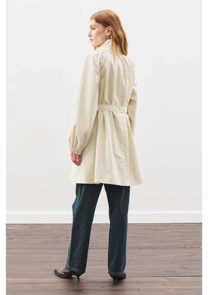 Oversıze Bağlamalı Midi Trençkot Taş