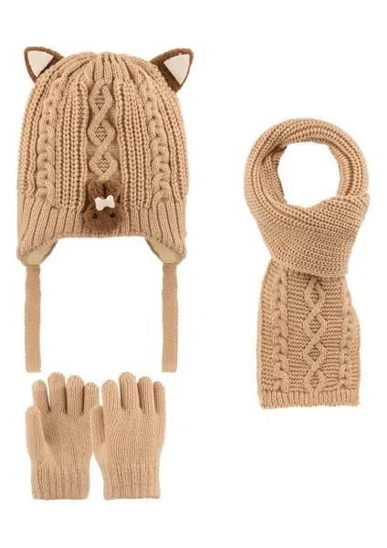 2516001 Kız Çocuk 1-4 Yaş Atkı-Bere-Eldiven 3'lü Set