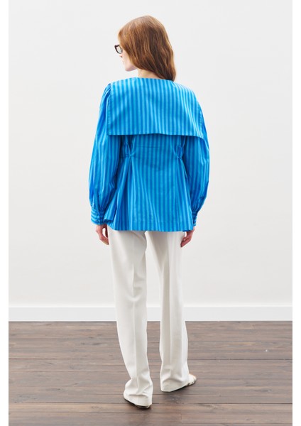 Geniş Yakalı Kuşaklı Gömlek Mavi Çizgili