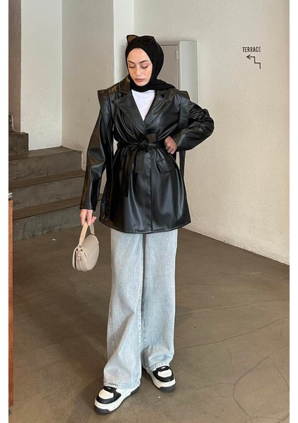 Kruvaze Yaka Kuşaklı Deri Ceket Siyah