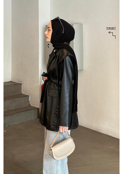 Kruvaze Yaka Kuşaklı Deri Ceket Siyah fiyatları