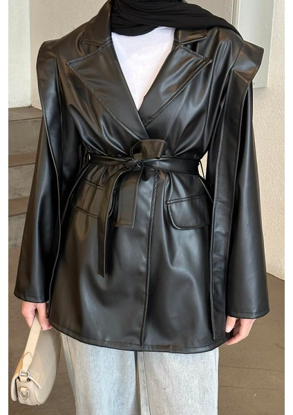 Kruvaze Yaka Kuşaklı Deri Ceket Siyah modelleri