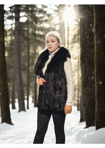 Kadın Kolsuz Hakiki Kürk - Siyah