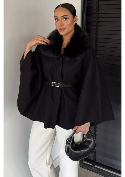 Yaka Kürk Detaylı Kemerli Kadın Panço P-00018918