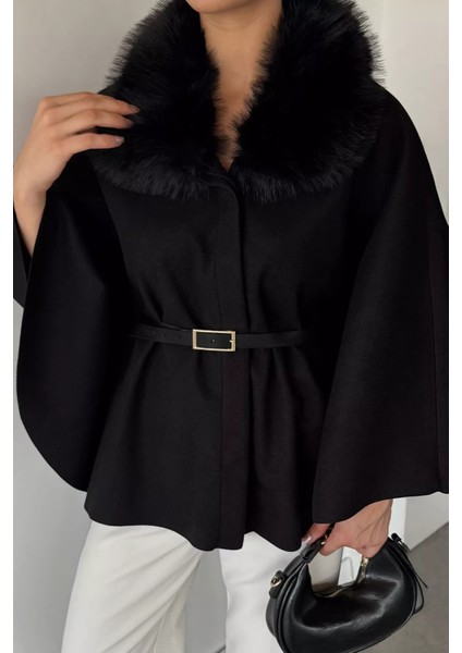 Yaka Kürk Detaylı Kemerli Kadın Panço P-00018918 fiyatları