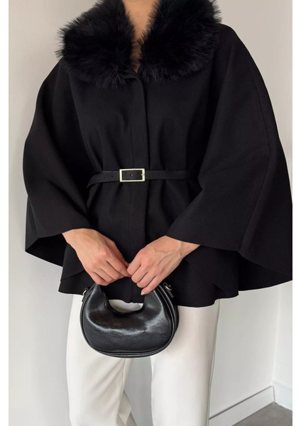 Yaka Kürk Detaylı Kemerli Kadın Panço P-00018918 modelleri