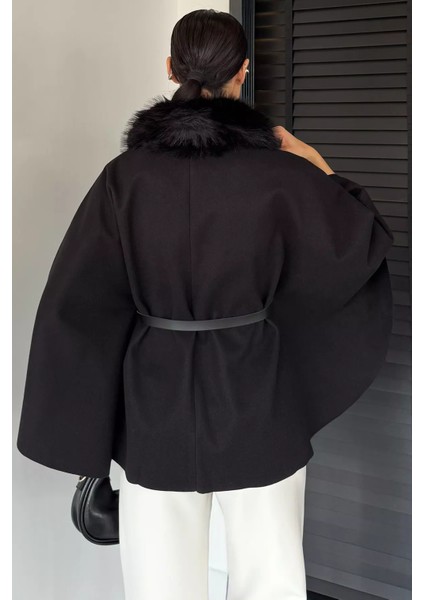 Yaka Kürk Detaylı Kemerli Kadın Panço P-00018918 fırsatları