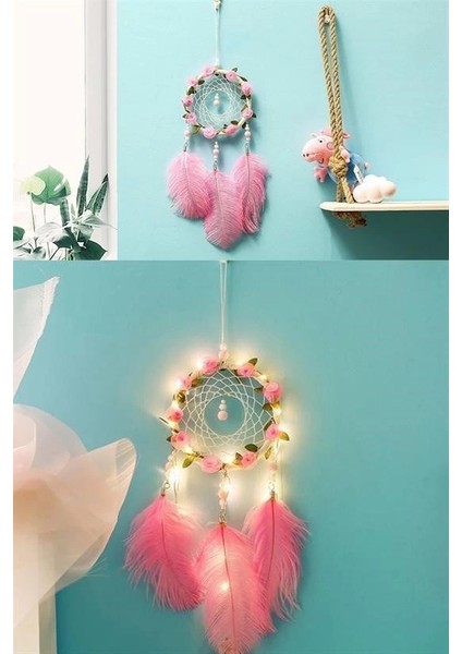 El Yapımı Kuş Tüyü ve LED Işıklı Dekoratif Asma Düş Rüya Kapanı