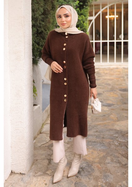 Kahverengi Düğmeli Angora Yumoş Triko Hırka