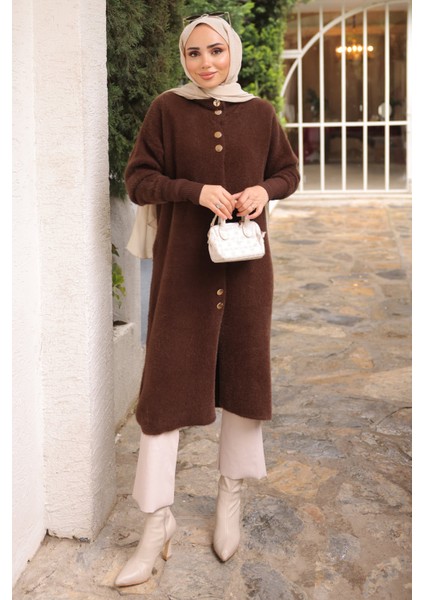 Kahverengi Düğmeli Angora Yumoş Triko Hırka fiyatları