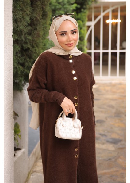 Kahverengi Düğmeli Angora Yumoş Triko Hırka modelleri