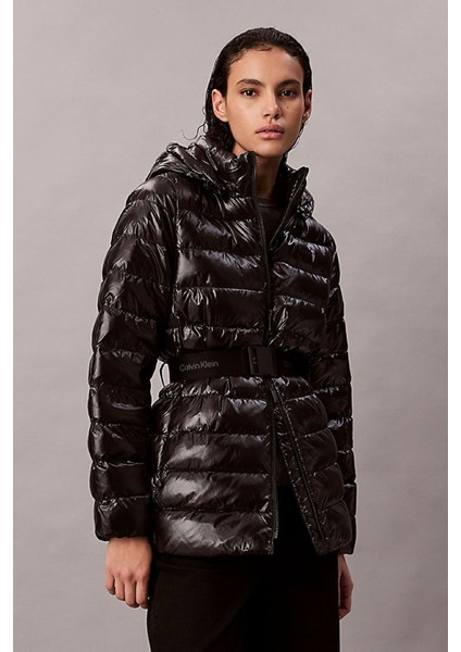 Kadın Belted Lightweight Puffer Mont - Siyah