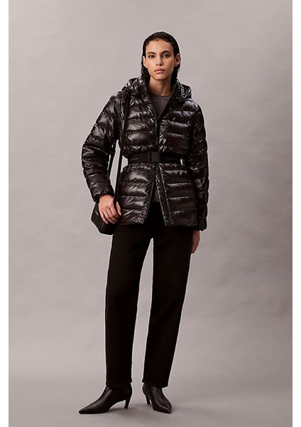 Kadın Belted Lightweight Puffer Mont - Siyah indirimleri