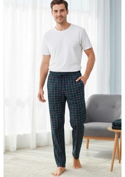 Kareli Pamuklu Erkek Pijama Altı Yumuşak Esnek Bol Kalıp Cepli Ipli Yeşil Ekose Relax Fit Likralı fiyatları