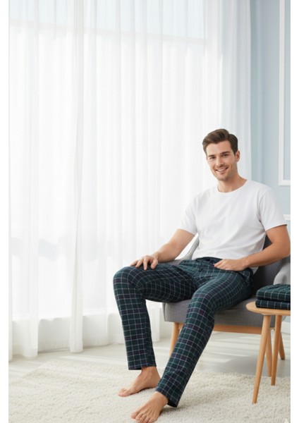 Kareli Pamuklu Erkek Pijama Altı Yumuşak Esnek Bol Kalıp Cepli Ipli Yeşil Ekose Relax Fit Likralı fırsatları
