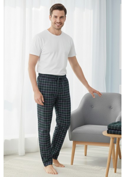 Kareli Pamuklu Erkek Pijama Altı Yumuşak Esnek Bol Kalıp Cepli Ipli Yeşil Ekose Relax Fit Likralı indirimleri