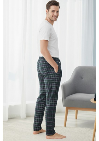 Kareli Pamuklu Erkek Pijama Altı Yumuşak Esnek Bol Kalıp Cepli Ipli Yeşil Ekose Relax Fit Likralı