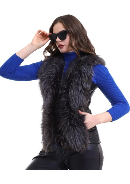 Kadın Fermuarlı Koyun Derisi Tilki Kürkü - Siyah modelleri