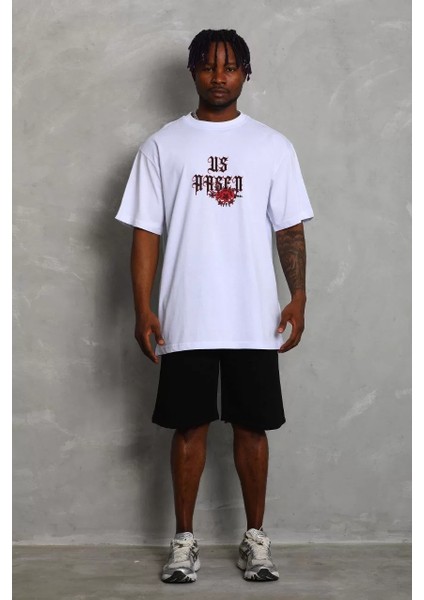 Unisex Oversize Baskılı Bisiklet Yaka T-Shirt - Beyaz indirimleri